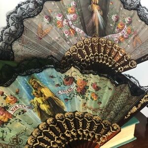 2 Decorative Hand Fans Religious Art Lace Trim